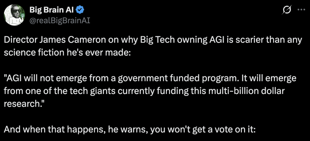 巨头垄断AGI，比天网更恐怖百倍，《终结者》导演卡梅隆炸裂警告
