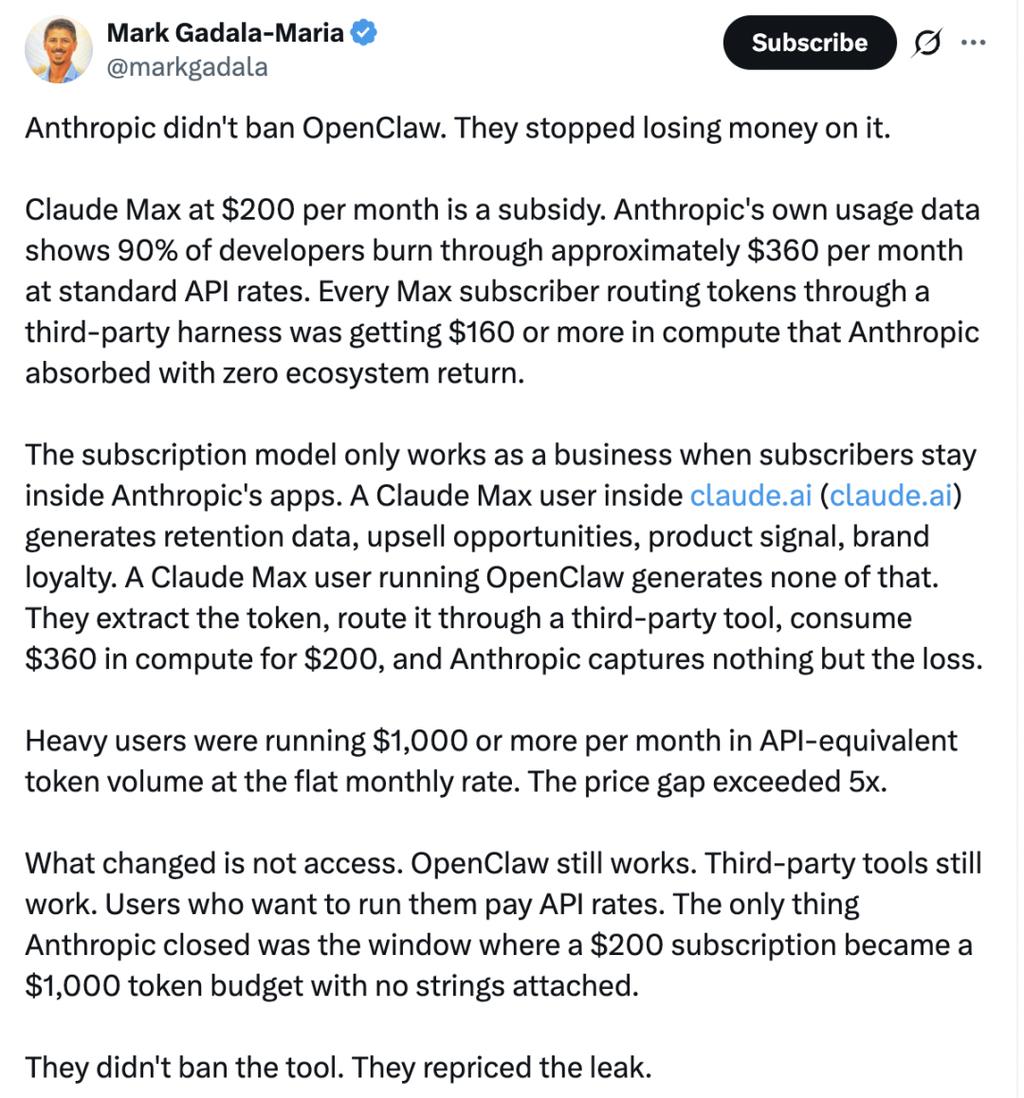 Anthropic宣布“封杀”OpenClaw，订阅用户使用OpenClaw需额外付费