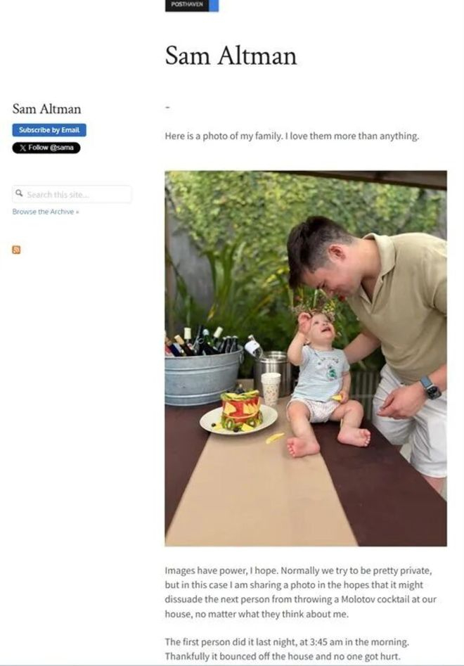 向 OpenAI CEO 奥尔特曼家扔燃烧瓶的男子，曾警告 AI 将带来生存威胁