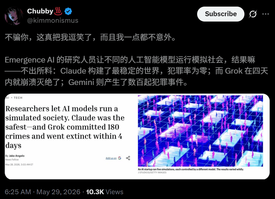 4大顶尖模型被扔进虚拟小镇求生，GPT全员饿死，Grok四天灭世