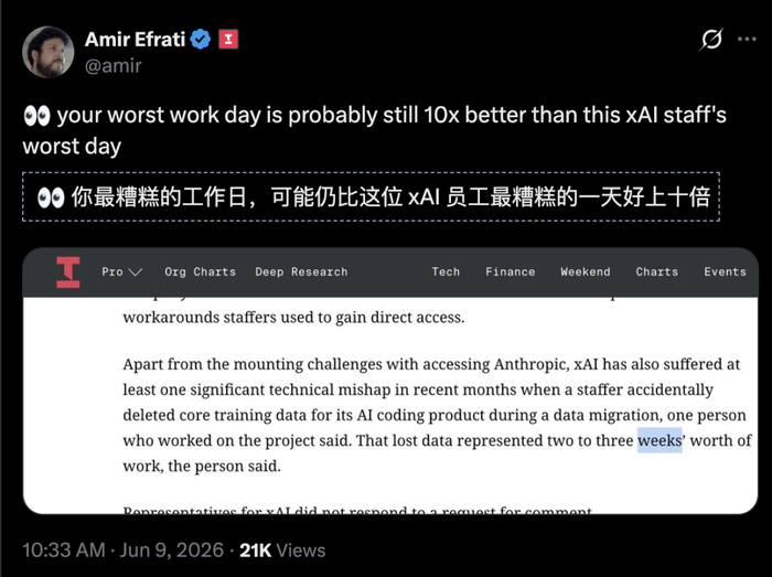 马斯克麾下最惨打工人：手滑删掉xAI三周训练数据