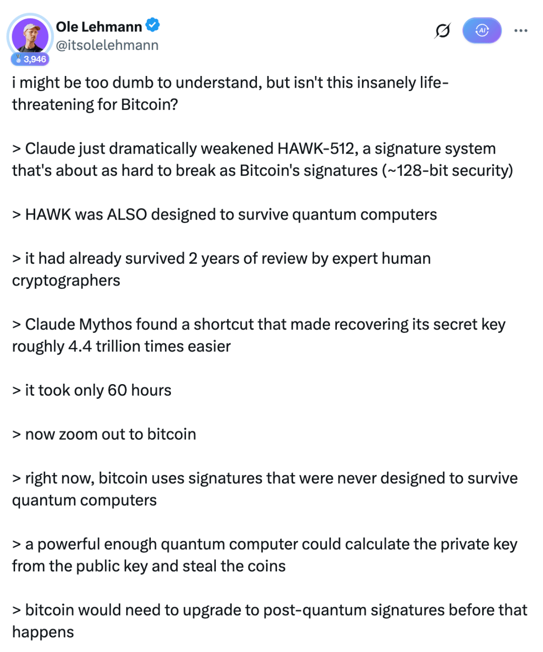 比特币慌了？Mythos 60小时撬开后量子密码算法