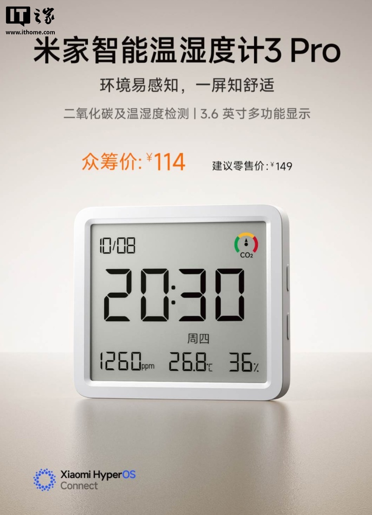 小米米家智能温湿度计 3 Pro 发布:支持二氧化碳检测,众筹价 114 元