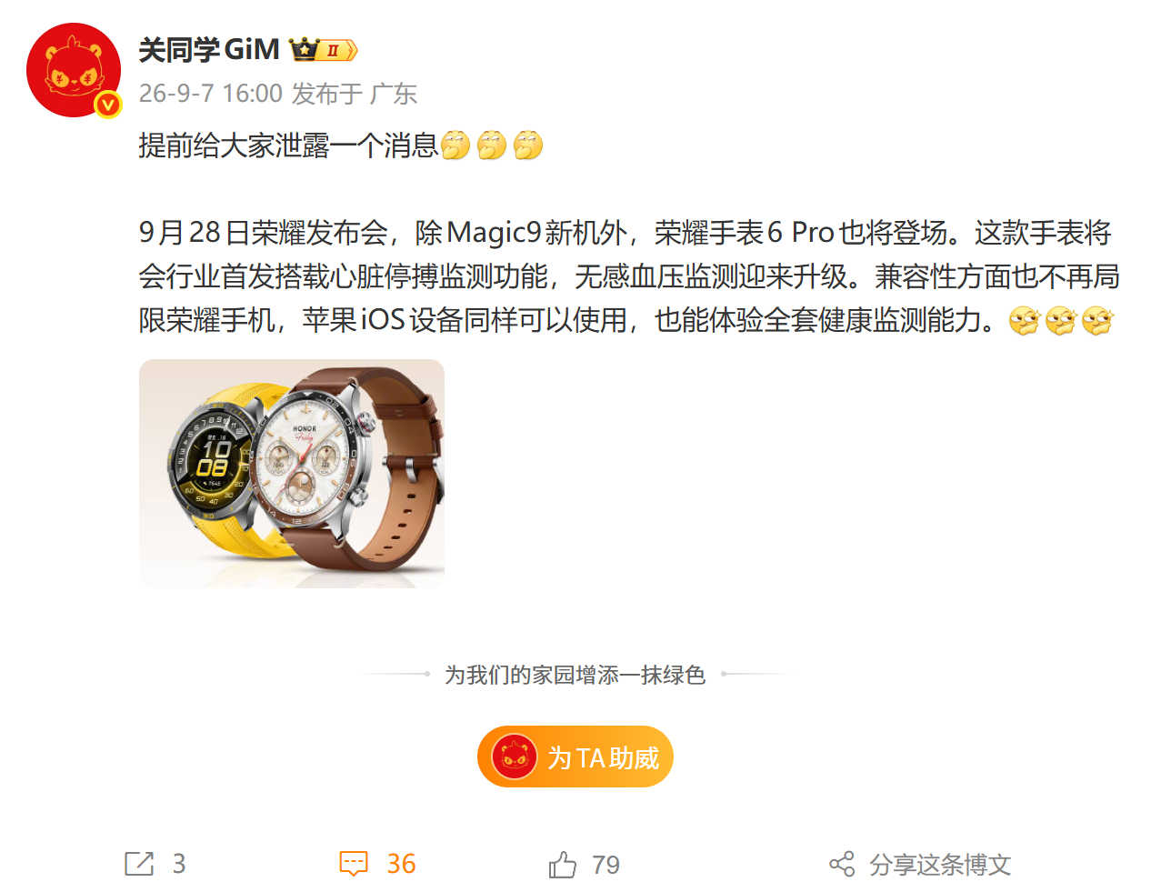 荣耀手表 6 Pro 将于 9 月 28 日发布，首发心脏停搏监测
